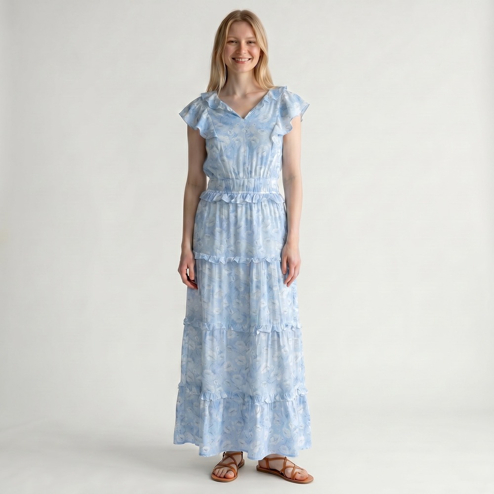 Wayward Fancies eShakti Maxi Dress's Small Blue Floral Tiered Ruffle Romantic